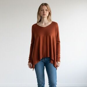 Shae Silk Cashmere Blend Top Rust Orange Asymmetrical Hem Long Sleeve Shirt S